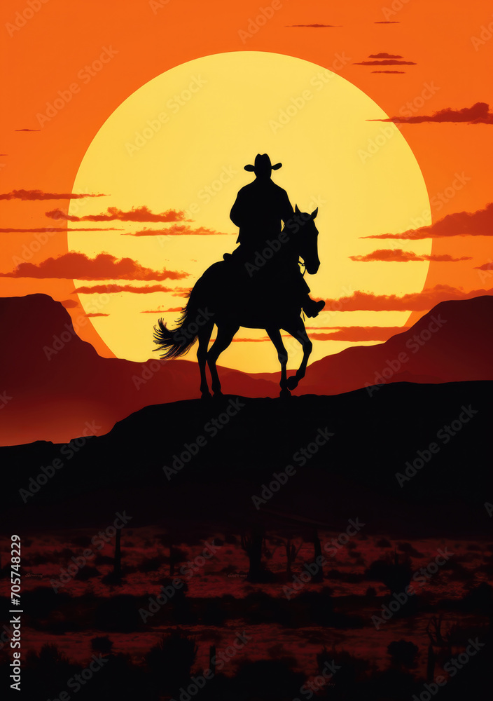 Silhouette blue on horseback against a backdrop of a big sun and mountains