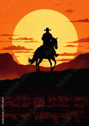 Silhouette blue on horseback against a backdrop of a big sun and mountains © Alina Zavhorodnii