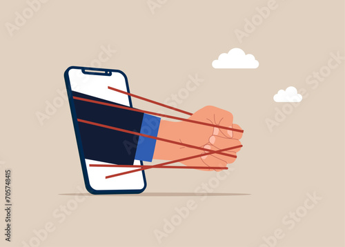 Internet addiction. Fist tied up with red tape trying liberation. Flat vector illustration