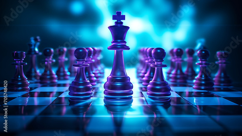 Chess game represent to leader of the game under the concept of business strategy, neon background © growth.ai