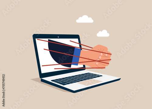 Internet addiction. Fist tied up with red tape trying liberation. Flat vector illustration