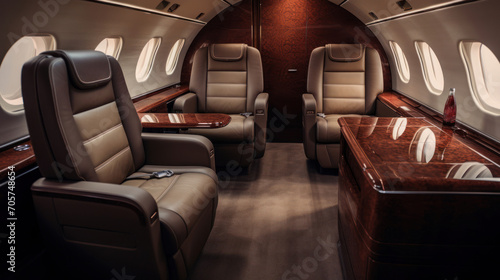Lavish leather upholstery and fine wood accents inside the jet