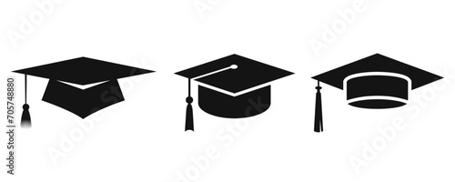 Graduation cap icon set. University or college graduation hat icons. Student graduation cap diploma vector illustration photo