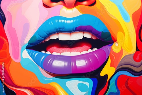 lips with a smile. Multicolored lips. Rainbow colorful liquid paint flowing beautiful woman sexy lips, close up shot. Macro photography. Fashion stage artistic make up, cosmetics. Vibrant colors. 