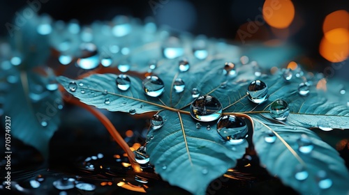  a close up of a green leaf with drops of water on it and a boke of lights in the backgroup of the image in the background. photo