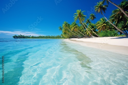 Indulge in the ultimate tropical paradise with this breathtaking image of a beach adorned with white, fine sands, crystal-clear waters, and gently swaying palm trees