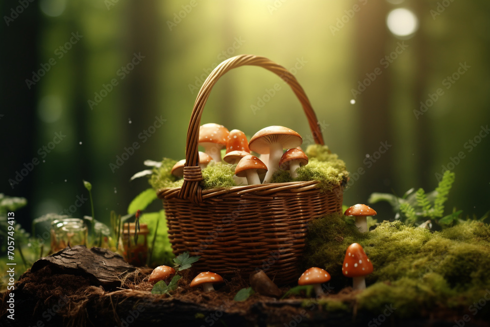 Beautiful, brown, wooden basket full with mushrooms on forest ground with green moss and beautiful rainy and misty forest background Beautiful, brown, wooden basket full with mushrooms on forest ground with green moss and beautiful rainy and misty forest background