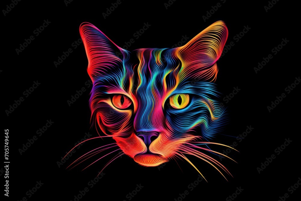  a close up of a cat's face with colored lines on the cat's face and on the cat's face is the cat's head.