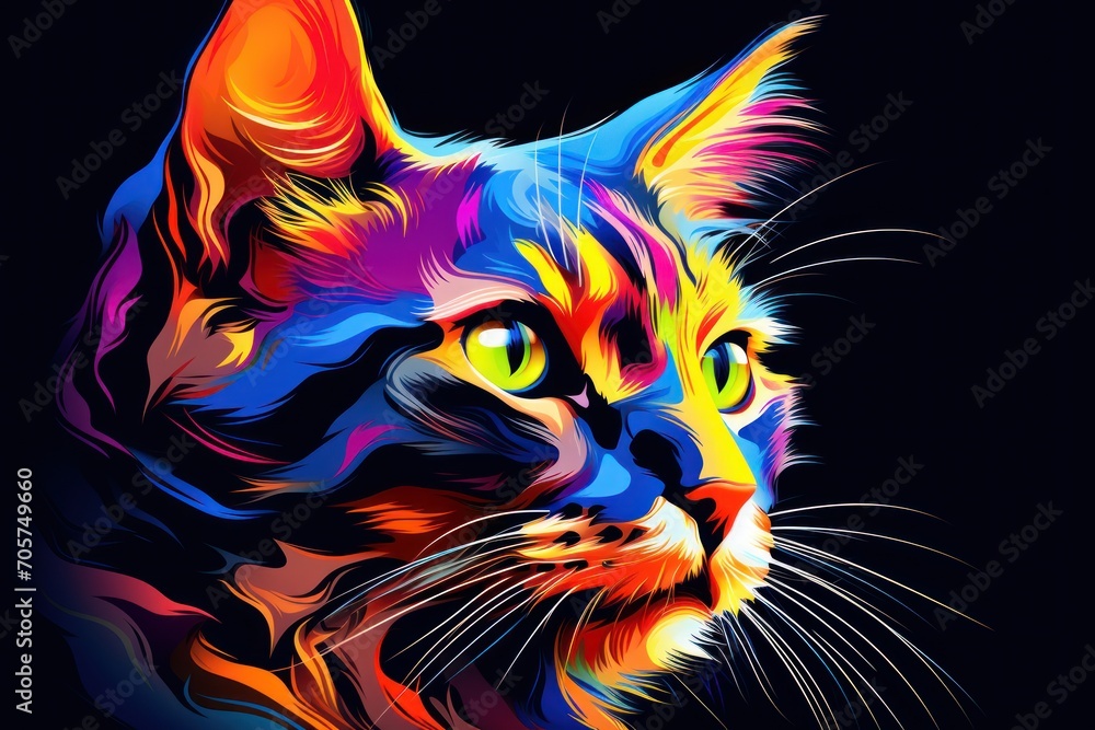  a close up of a cat's face on a black background with a bright colored cat's face on the left side of the cat's face.