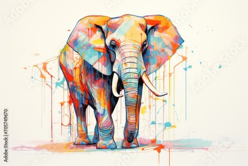  a painting of an elephant with paint splatters on it s face and tusks and tusks on its tusks  standing in front of a white background.