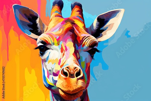  a close up of a giraffe's face with colorful paint splatters on the back of it's face and a blue sky in the background.