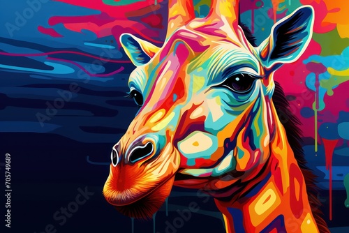  a close up of a giraffe's face with colorful paint splatters on the back of it's face and a blue background of water. photo