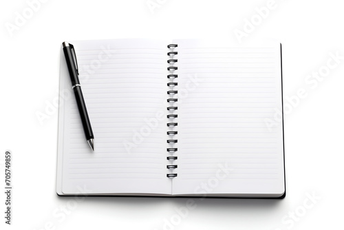Clean white notebook on a white background; accompanied a black pen. contrasting color; minimalist arrangement create a visually appealing scene; inviting creativity; inspiration. 