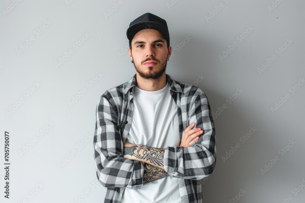 Casual streetwear portrait of a European man, urban fashion, white background Casual streetwear portrait of a European man, urban fashion, white background