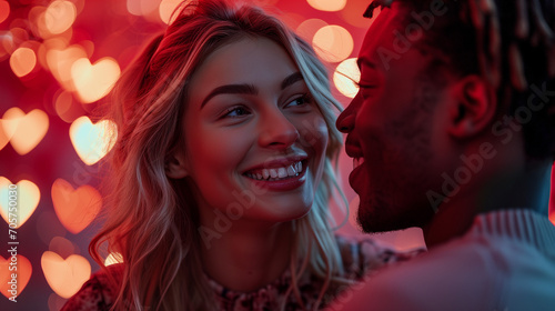 Young interracial couple in love flirting, laughing, and enjoying each other with heart-shaped bokeh lights around. Concept of Valentine's Day and falling in love