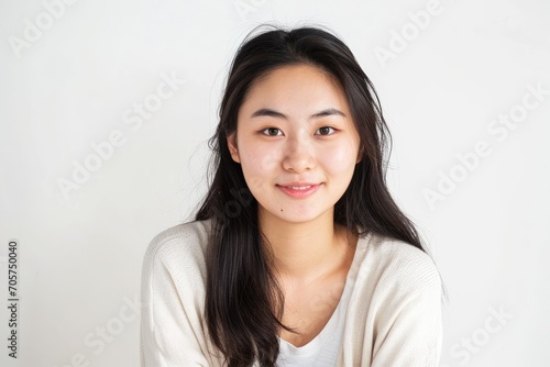 Casual portrait of an Asian woman with a relaxed demeanor, white background