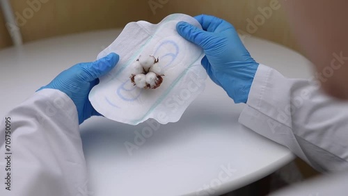 Sanitary napkin and cotton plant flower. A concept that shows the presence of plastic additives in sanitary pac, which cause redness, rash, and diaper rash in the female genital organs.  photo