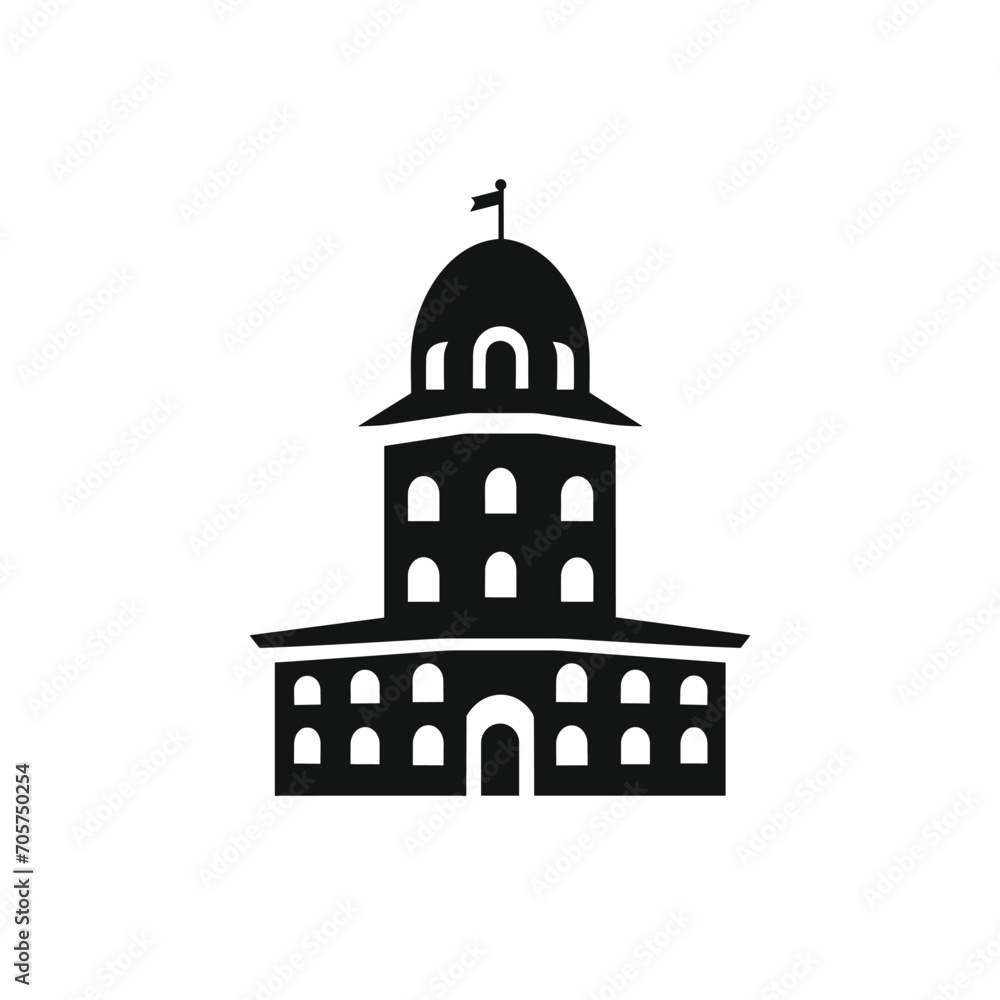 Building simple flat black and white icon logo, reminiscent of Leaning Tower of Pisa, City house Logo Minimalist B&W.