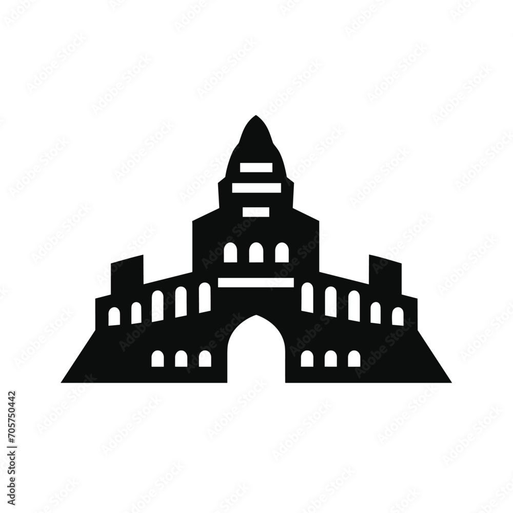 Building simple flat black and white icon logo, reminiscent of Machu Picchu, Famous Structures Heritage Minimalist Logo B&W.