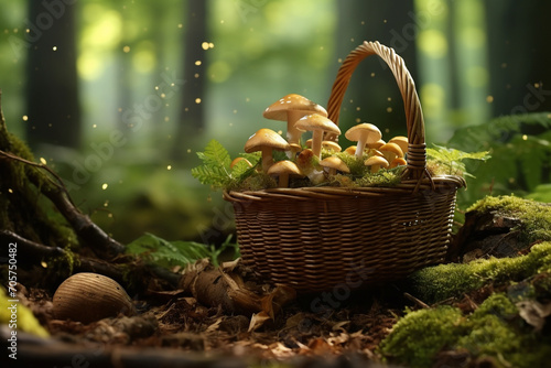 Beautiful, brown, wooden basket full with mushrooms on forest ground with green moss and beautiful rainy and misty forest background