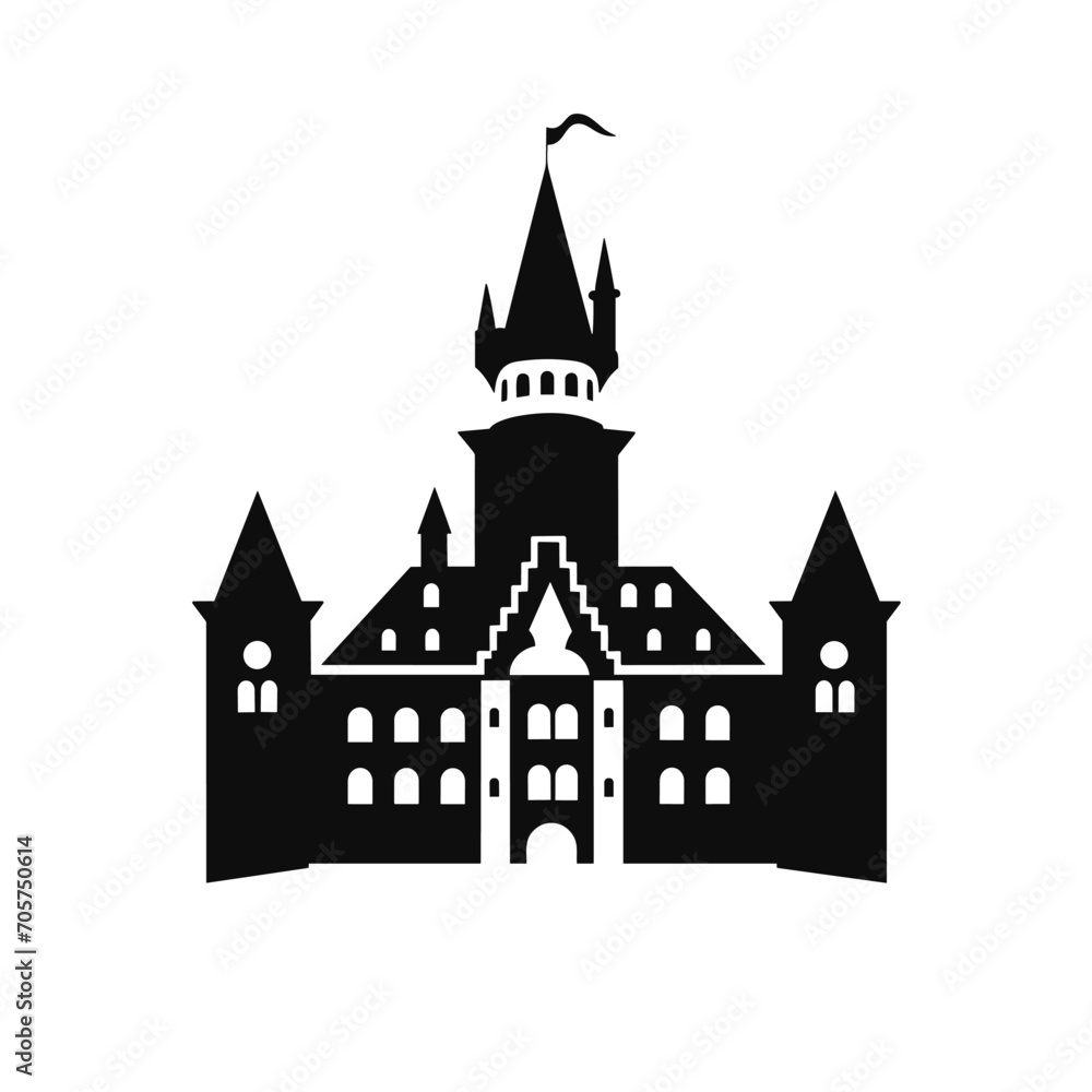 Building simple flat black and white icon logo, reminiscent of Neuschwanstein Castle, Historic Travel Design Vector B&W.