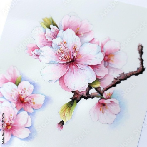 Pink Sakura flower. Watercolor style on white background.