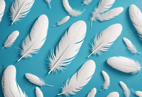 3d wallpaper Feather abstract freedom concept. Group of light fluffy a white feathers floating in a blue sky. © SR07XC3