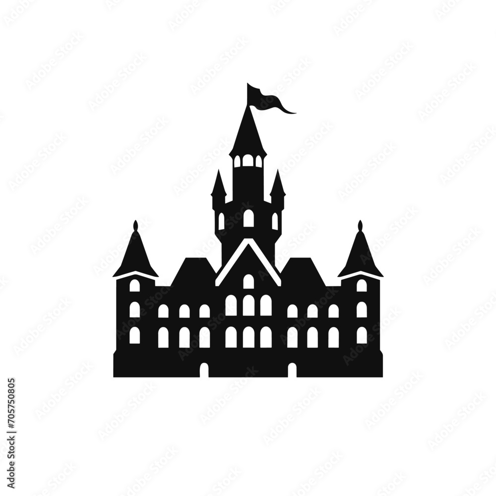 Building simple flat black and white icon logo, reminiscent of Neuschwanstein Castle, Travel Tourism Logo Icon B&W.