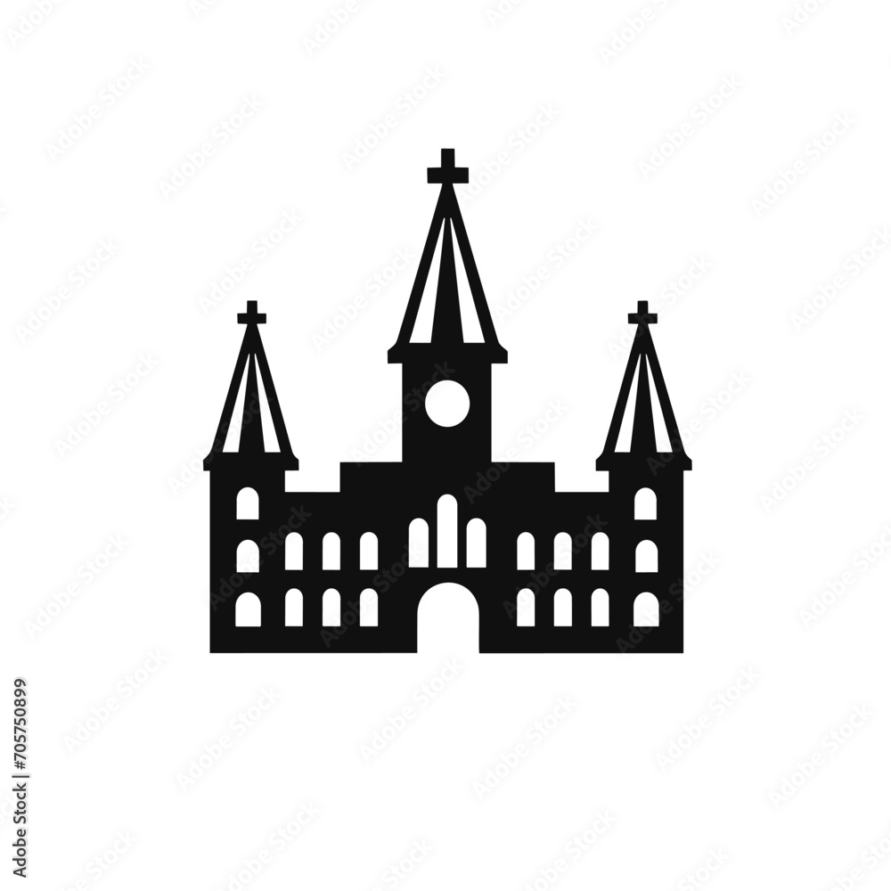Building simple flat black and white icon logo, reminiscent of Notre-Dame Cathedral, Building Historic Flat Minimalist B&W.