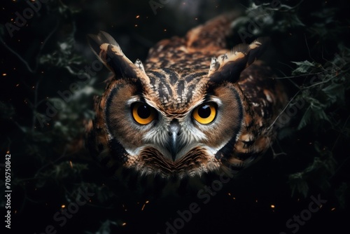  a close up of an owl's face with yellow eyes and a tree branch in the foreground and a dark background with leaves and stars in the foreground.