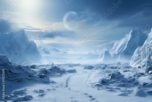  a snowy landscape with rocks and snow on the ground and a full moon in the sky above the rocks and snow on the ground, with footprints in the snow on the ground.