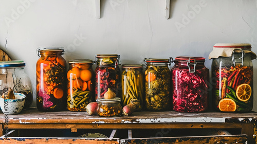 Fall seasonal pickled or fermented vegetables in cans lined up above vintage kitchen. photo