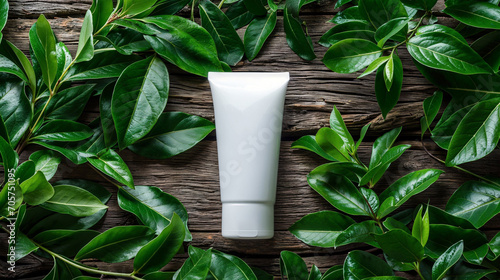 Organic skincare tube nestled among vibrant green leaves on a rustic wooden background, embodying eco-friendly beauty