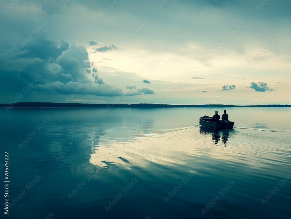 A Photo of a Couple Enjoying a Scenic Ferry Ride in a Local Lake With Tranquil Water and a Distant Shoreline A Photo of a Couple Enjoying a Scenic Ferry Ride in a Local Lake With Tranquil Water and a Distant Shoreline