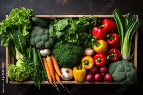 Visual representation featuring a top-view array of colorful vegetable-filled boxes on display at a bustling market  creating an enticing scene