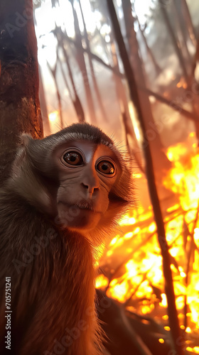 Aotus Trivirgatus Monkey Atop Amazonian Tree Amidst Forest Fire. Urgent Call for Environmental Action photo