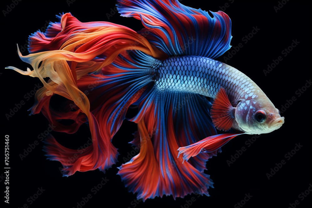 Betta fish, siamese fighting fish, betta splendens isolated on black background, fish on black background, Multi color Siamese fighting fish Betta fish, siamese fighting fish, betta splendens isolated on black background, fish on black background, Multi color Siamese fighting fish