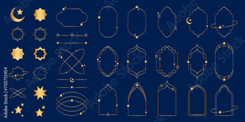 Gold arch frames with stars and crescent. Islamic modern minimalist aesthetic linear set elements. Lineart geometric shapes. Boho line art vector illustration for social media, poster