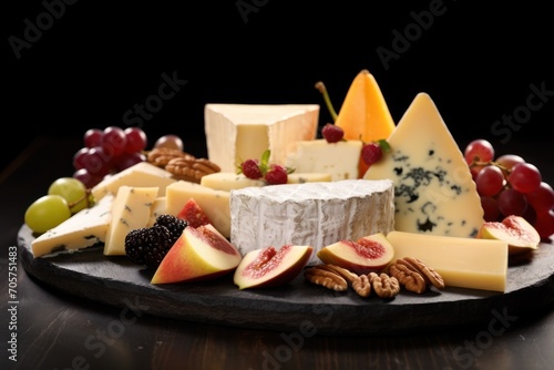  a variety of cheeses, nuts, and grapes on a black platter on a wooden table with a black backgroung of grapes and walnuts in the foreground.