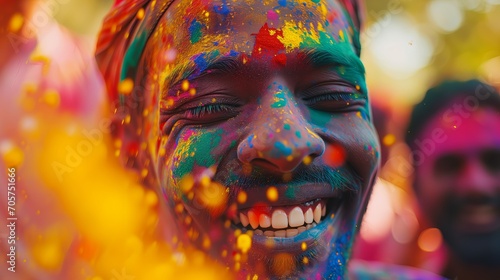 Happy person with colorful face celebrating Holi color festival