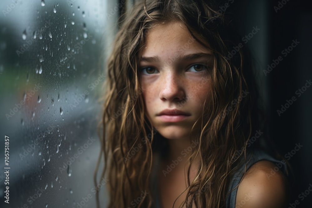 Contemplative young girl gazes out a rain-streaked window, lost in thought Contemplative young girl gazes out a rain-streaked window, lost in thought