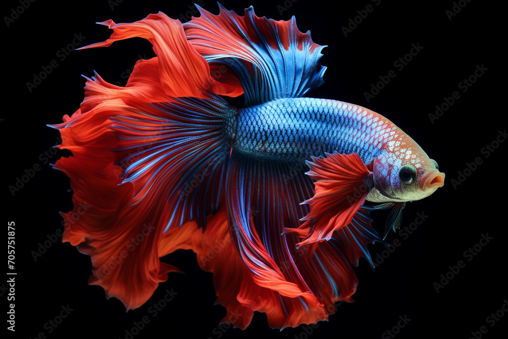 Fototapeta premium Betta fish, siamese fighting fish, betta splendens isolated on black background, fish on black background, Multi color Siamese fighting fish