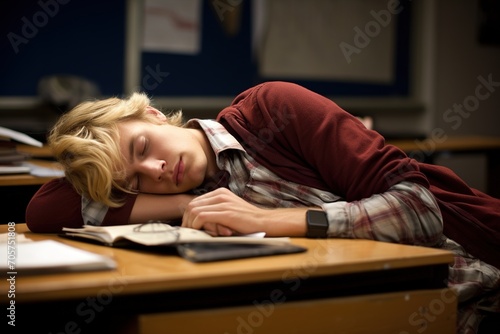 Young student asleep on desk in classroom, a candid moment of academic exhaustion