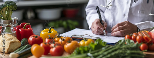 Young female nutritionist working in her office, close-up. on the background vegetables and fruits.
