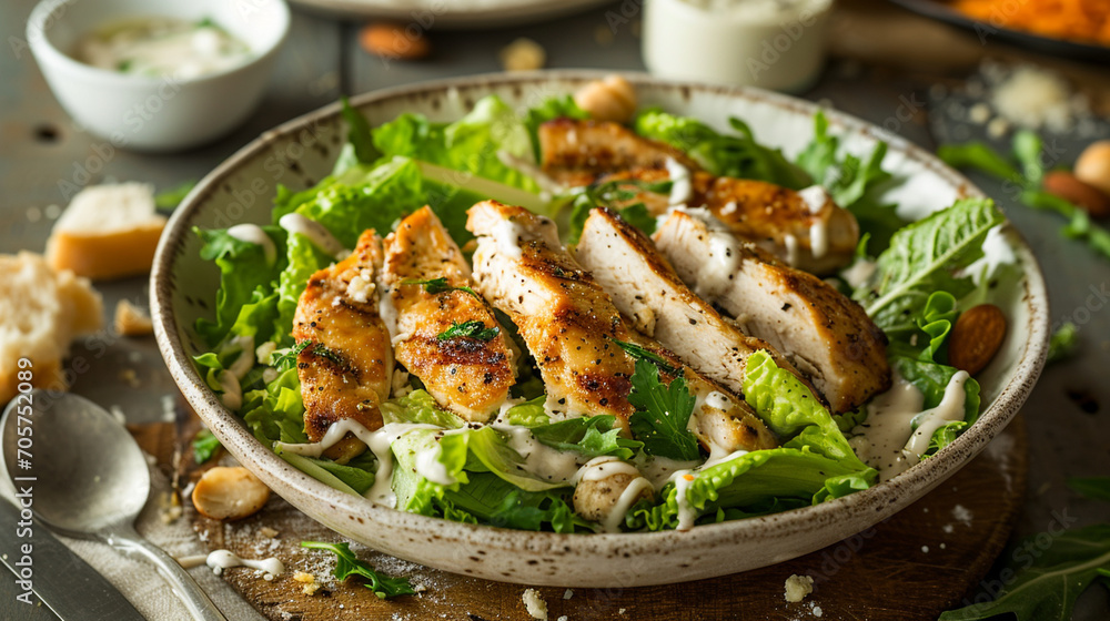 Caesar salad with chicken. Caesar salad with grilled chicken and croutons on a wooden background - obrazy, fototapety, plakaty 