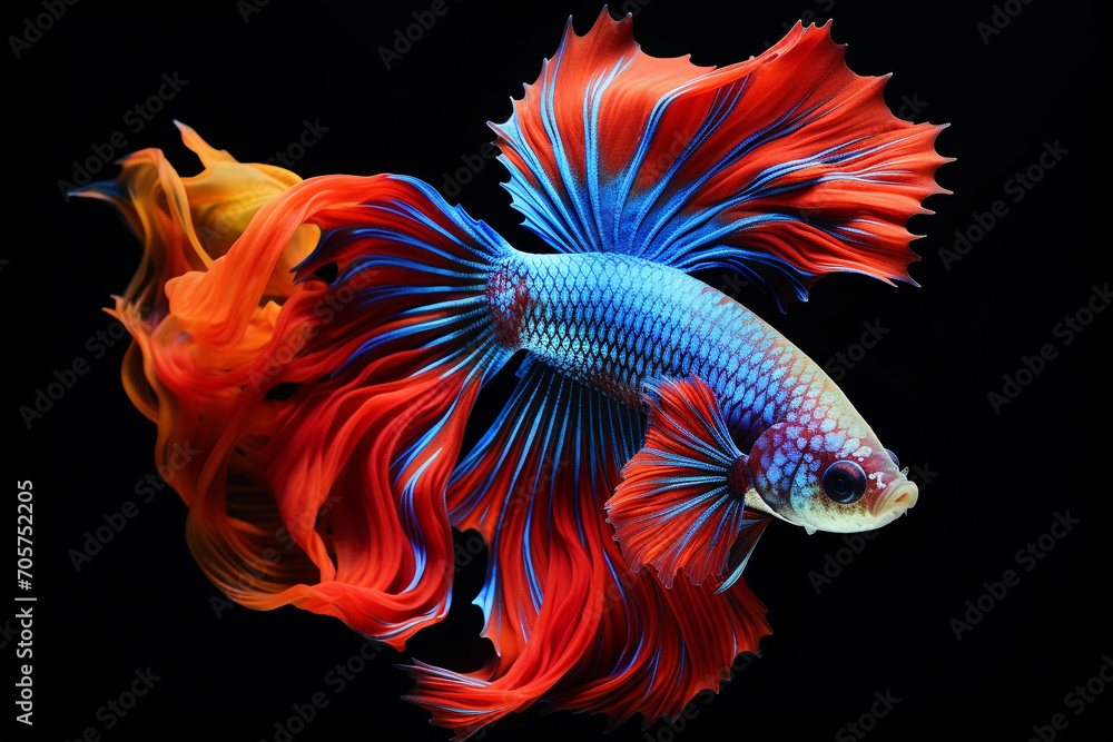 Betta fish, siamese fighting fish, betta splendens isolated on black background, fish on black background, Multi color Siamese fighting fish Betta fish, siamese fighting fish, betta splendens isolated on black background, fish on black background, Multi color Siamese fighting fish