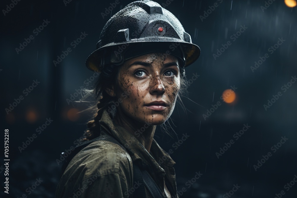 Woman miner with a determined expression, showcasing the gritty reality of hard labor. Woman miner with a determined expression, showcasing the gritty reality of hard labor.
