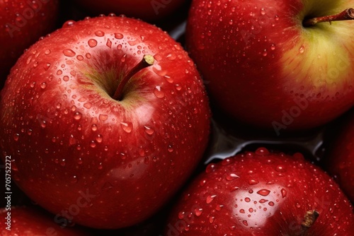  a pile of red apples with drops of water on the top of them and a green apple in the middle of the photo with the top half of the apples.