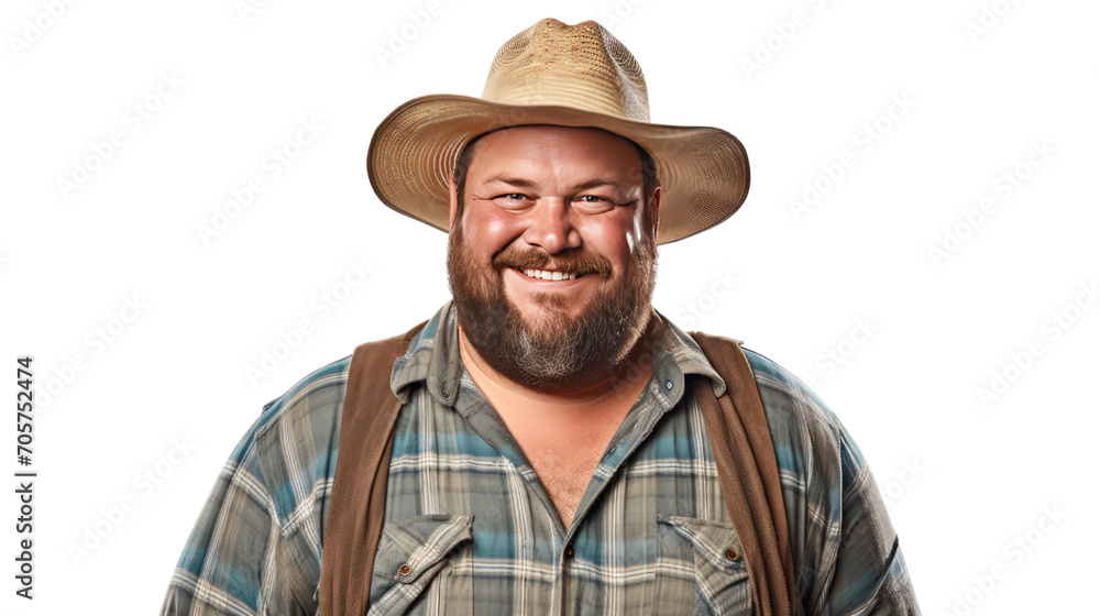 Chubby male farmer, 35 years old, looking at the camera and smiling, isolated on transparent and white background.PNG image. Chubby male farmer, 35 years old, looking at the camera and smiling, isolated on transparent and white background.PNG image.