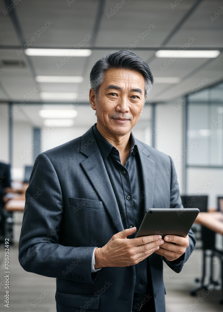 Confident Business Asian Leaders in Office: Smiling Older Bank Manager and Happy Middle-Aged CEO Confident Business Asian Leaders in Office: Smiling Older Bank Manager and Happy Middle-Aged CEO